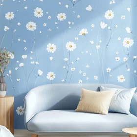 Daisy Patterned Wall with Comfortable Sofa