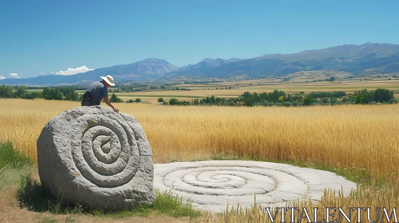 Man Examines Carved Stone in Wheat Field AI Image