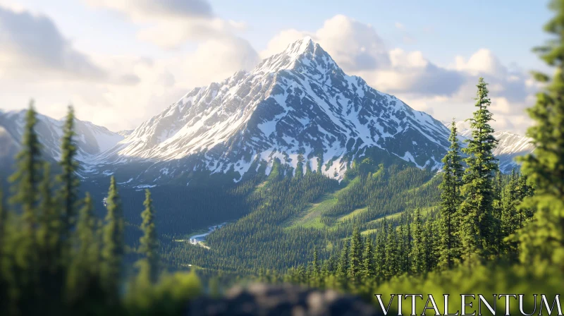 Majestic Snow-Capped Mountain and Pine Forest AI Image