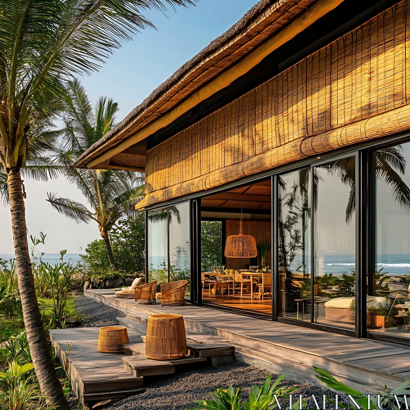 Beachfront Home with Wicker Furniture AI Image