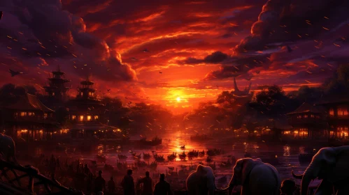 Epic Fantasy Sunset Scene in Traditional Chinese Style
