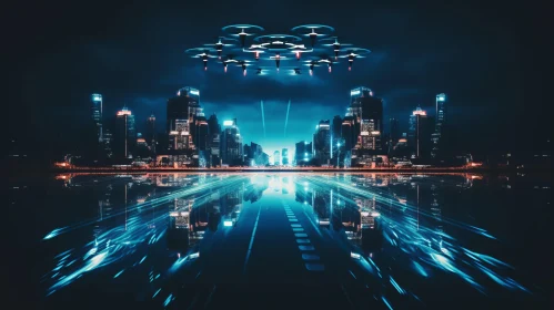 Futuristic Cityscape with Drone - Illuminated Techno Aesthetics