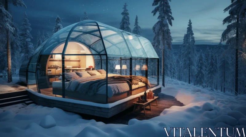 Glass Bed Cabin in Icy Forest: A Photorealistic Rendering AI Image