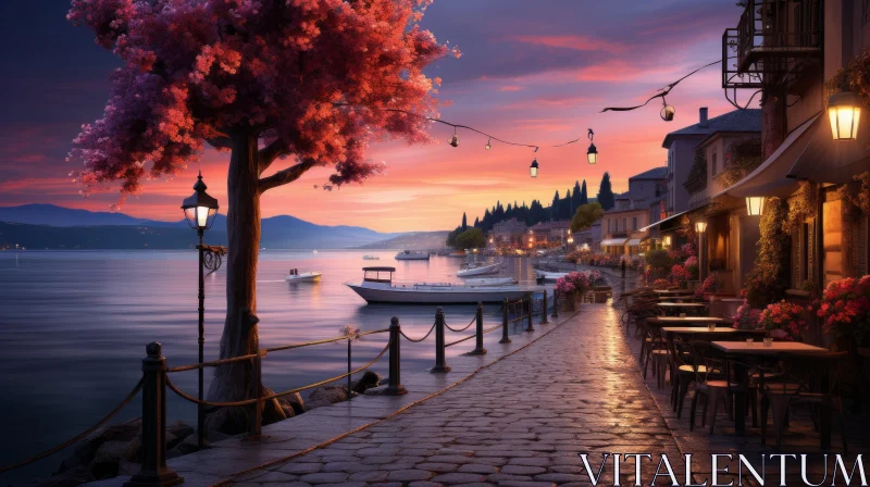 Romantic Waterfront Street Scene in Light Crimson Hues AI Image
