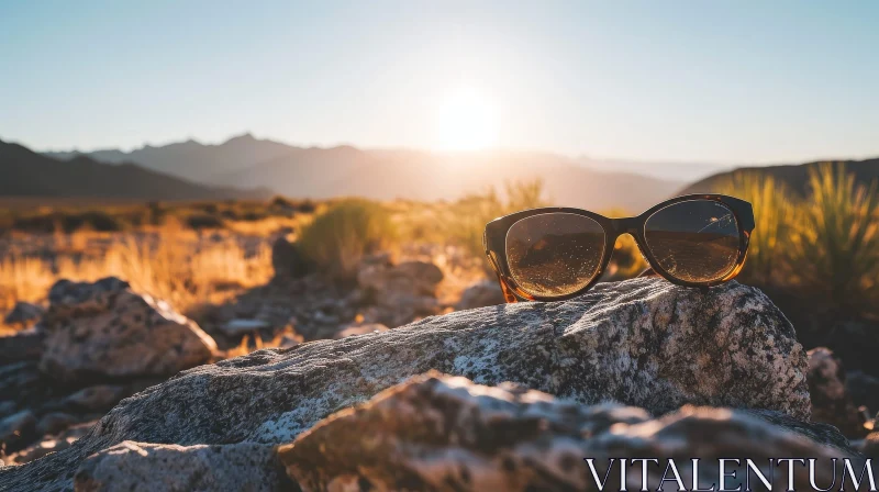 AI ART Sunglasses on Rock in Desert - Stunning Sunset View