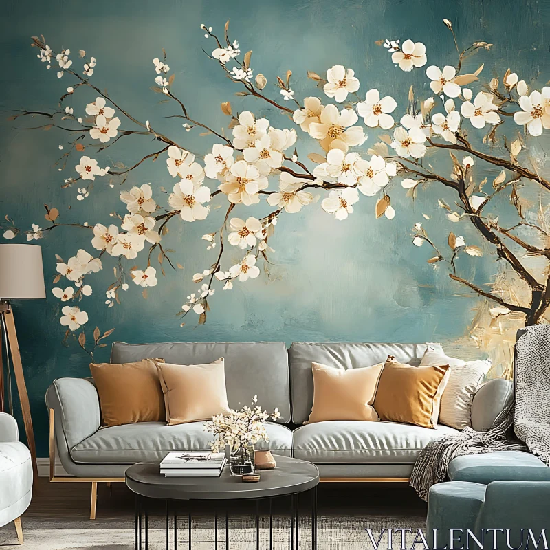 Tranquil Living Room with Floral Art AI Image