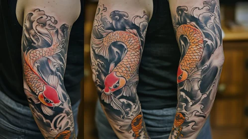 Colorful Koi Fish Tattoo with Water Waves