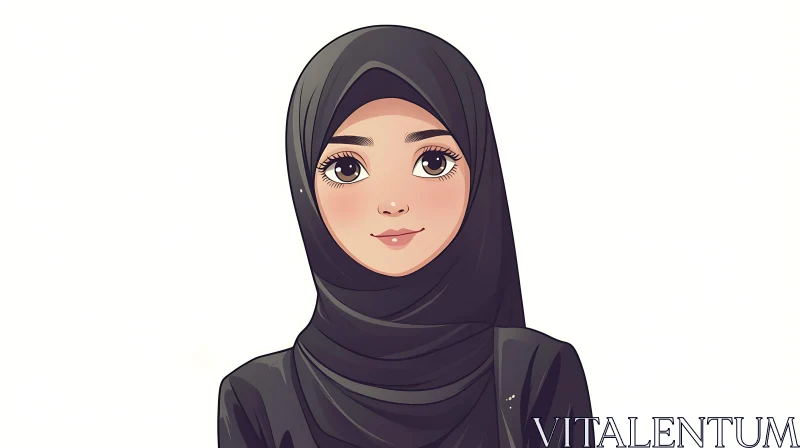 Charming Cartoon Woman in Black Hijab AI Image