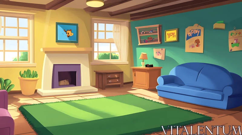 Cozy Cartoon Living Room with Blue Sofa AI Image