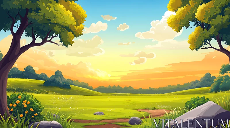 AI ART Peaceful Green Field with Trees