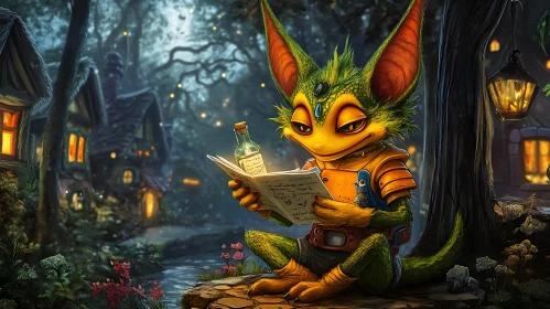 Fantasy Creature Reading Book in Forest