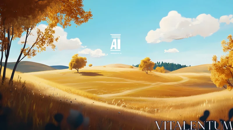 AI ART Autumnal Field with Golden Trees