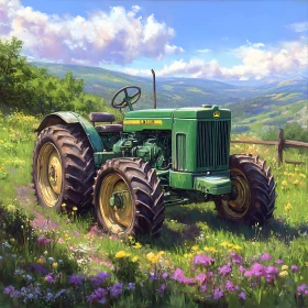 Vintage Tractor in a Floral Meadow