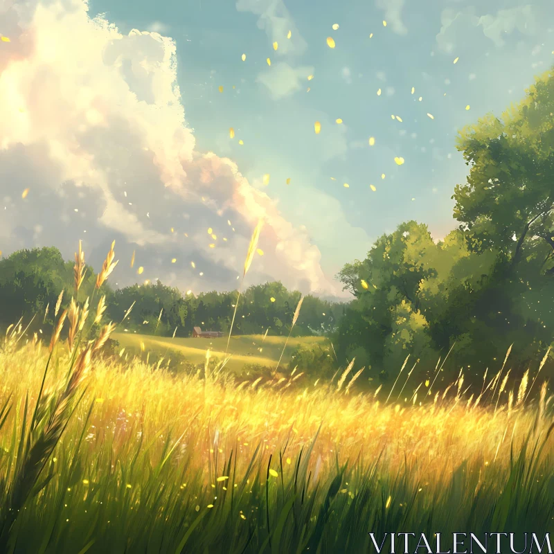 Peaceful Meadow Scene with Golden Grass AI Image