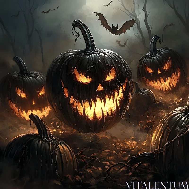 AI ART Spooky Jack-o'-Lanterns in Dark Forest