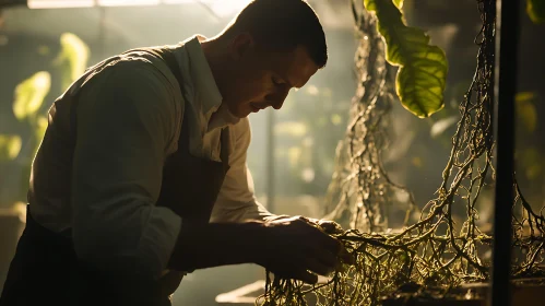 Man Cultivating Plants in Serene Light