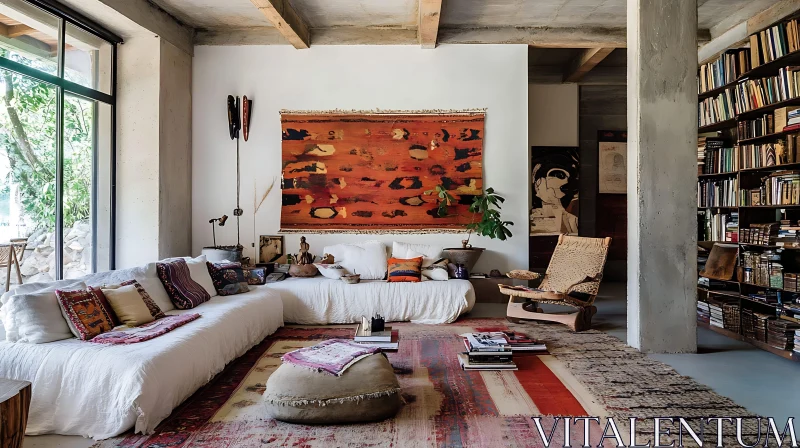 Eclectic Living Room with Bookshelves and Textiles AI Image