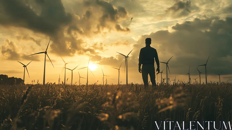 AI ART Man in Field with Wind Turbines