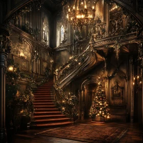 Ornate Staircase with Christmas Tree