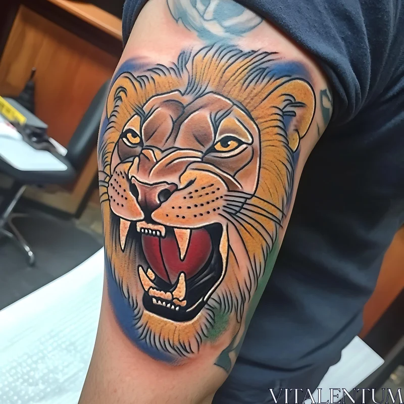 Vibrant Lion Tattoo on Upper Arm AI Image