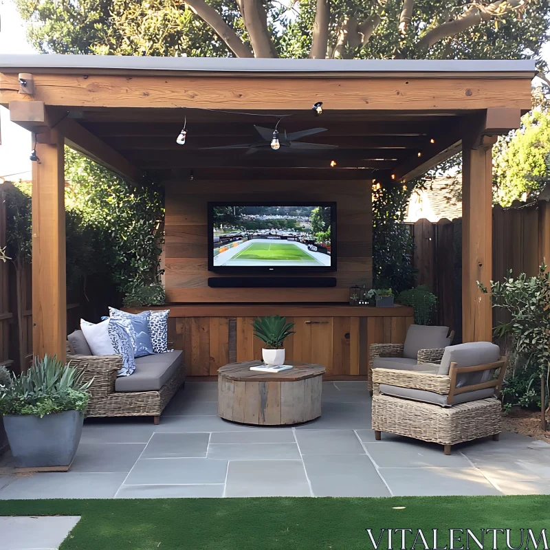 AI ART Comfortable Patio with Pergola and TV