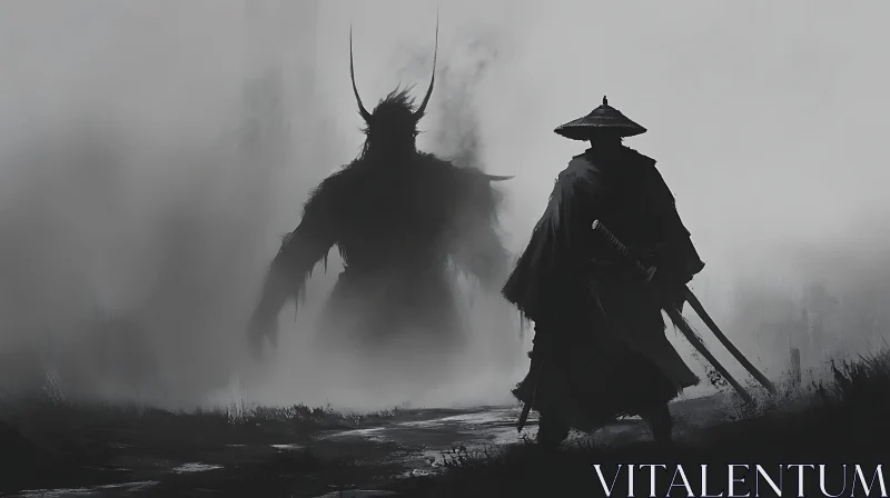 AI ART Foggy Encounter: Samurai Facing a Demon