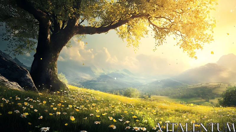 AI ART Sunlit Meadow with Tree and Flowers