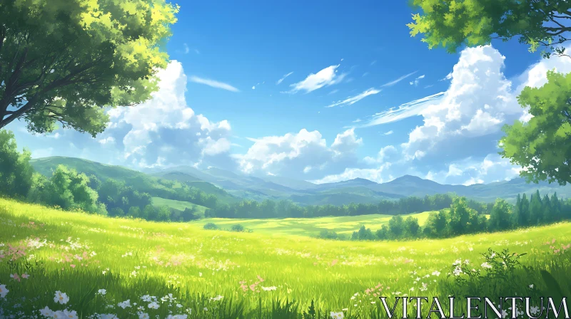 Green Field and Blue Sky Landscape AI Image