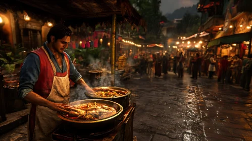 Man Cooking Food at Night Market