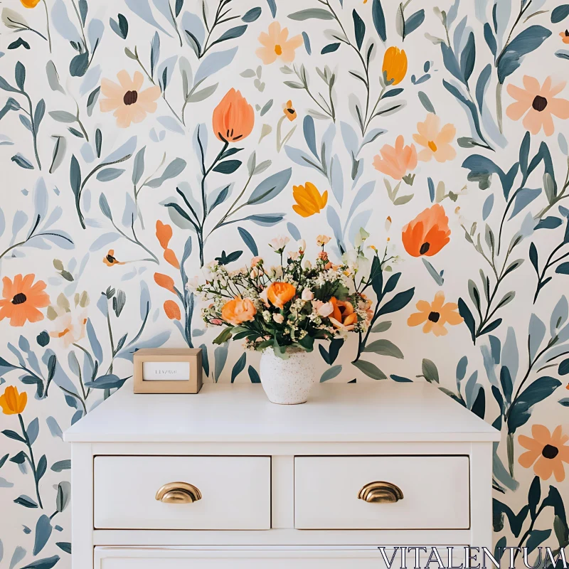 Bouquet on Dresser with Floral Wallpaper AI Image