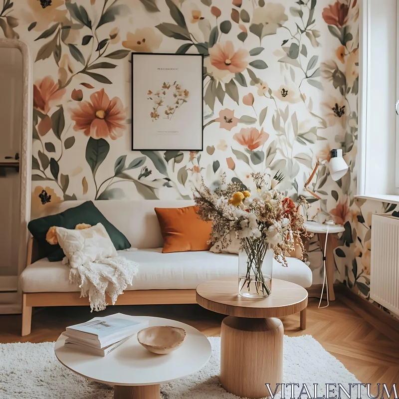 AI ART Floral Wallpaper in Cozy Room