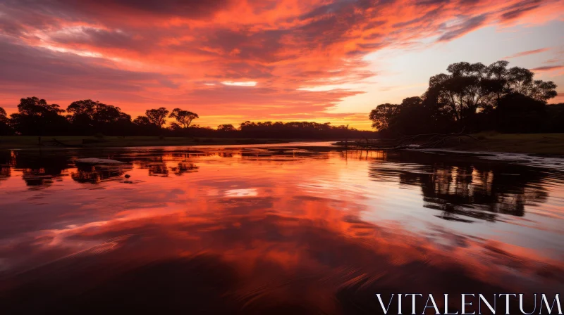 Captivating Red Sunset Over Water: A Serene Natural Beauty AI Image