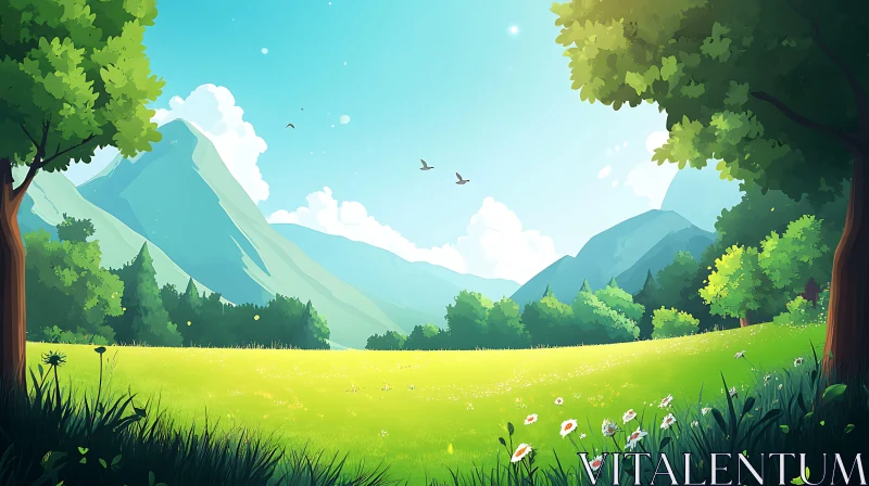 AI ART Green Meadow and Mountain Scenery