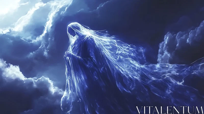 Blue Spectral Figure Amidst Clouds AI Image