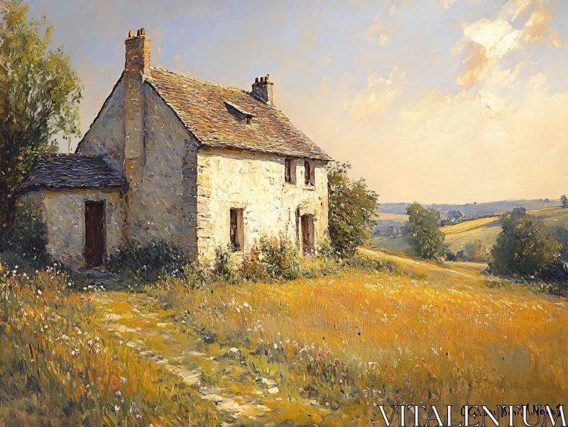 AI ART Rustic Stone House Landscape Painting