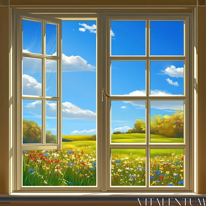 AI ART Open Window to a Floral Meadow