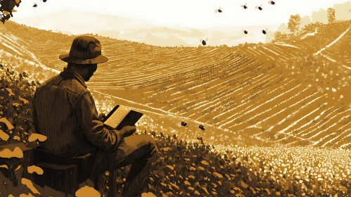 Man Reading in Field with Bees