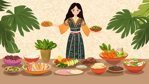 Abundant Food Presentation with Woman