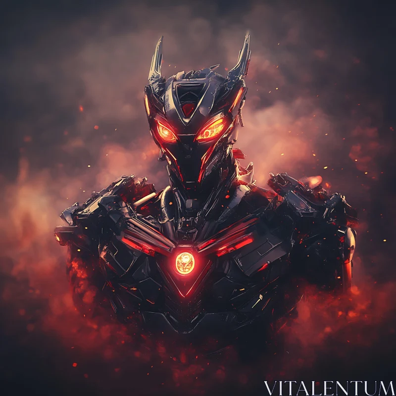 Menacing Cyborg with Glowing Eyes and Fiery Background AI Image