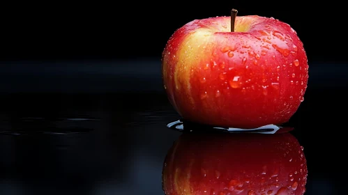 Glossy Red Apple with Reflection and Water Droplets