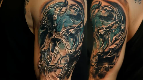 Detailed Cyborg Tattoo on Arm with Organic and Robotic Design