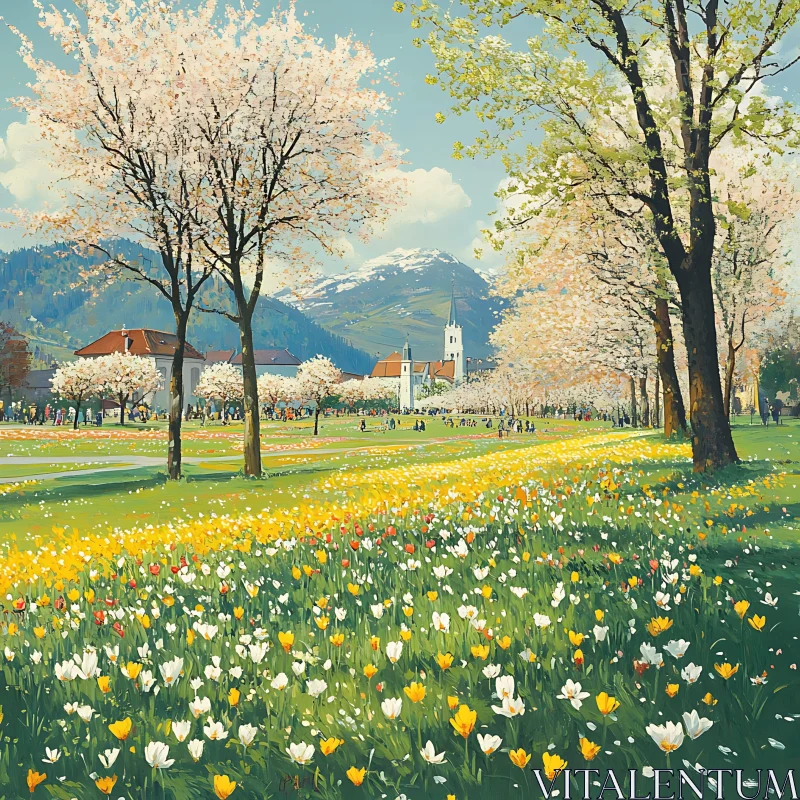 AI ART Floral Park with Blooming Trees and Distant Mountains