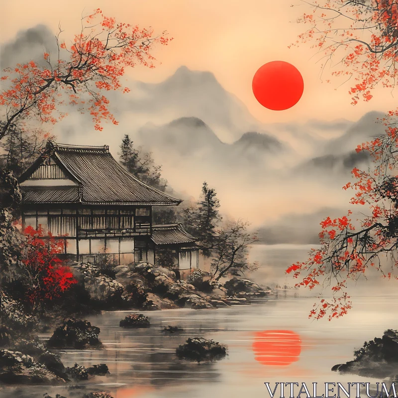 Serene Lakeside Japanese Scene with Red Sun AI Image