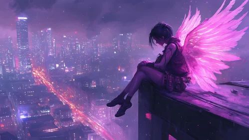 Winged Watcher Above the City Lights
