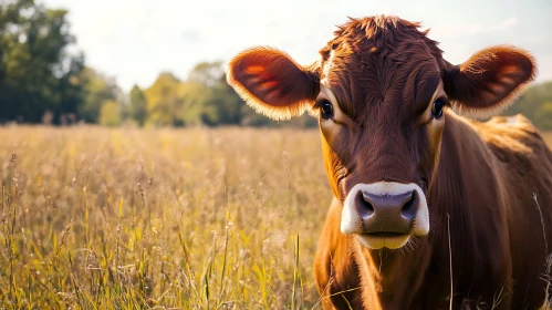 Brown Cow in Golden Field