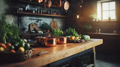 Copper Pots and Fresh Produce in Kitchen