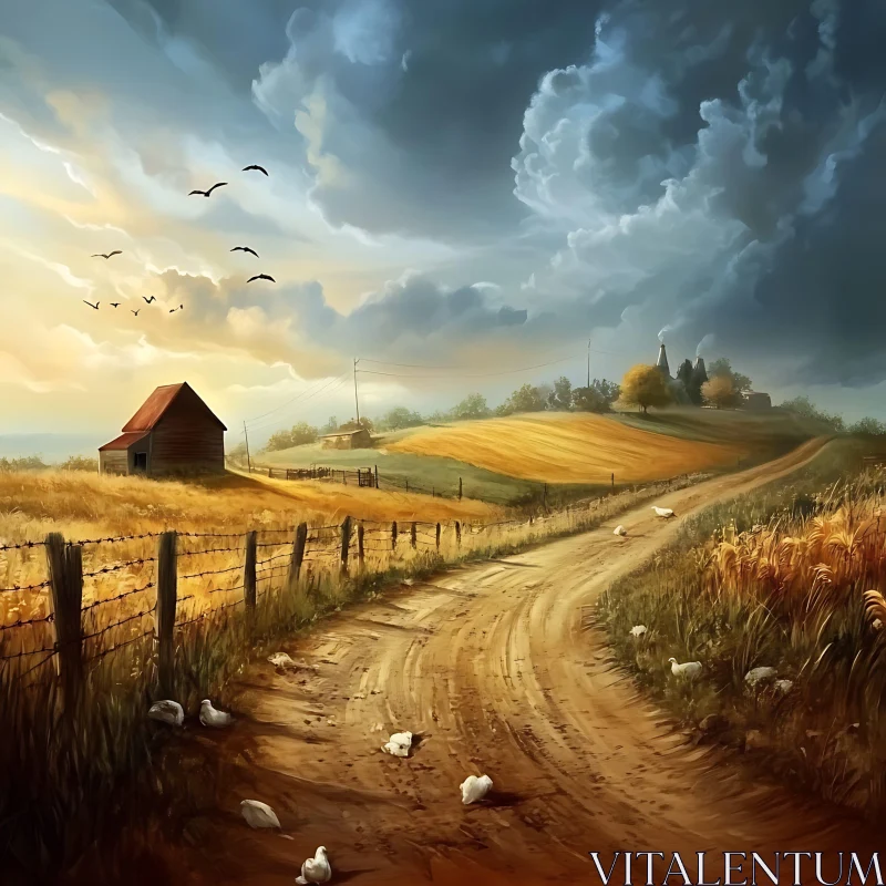 Rural Farm Scene with Barn and Birds AI Image