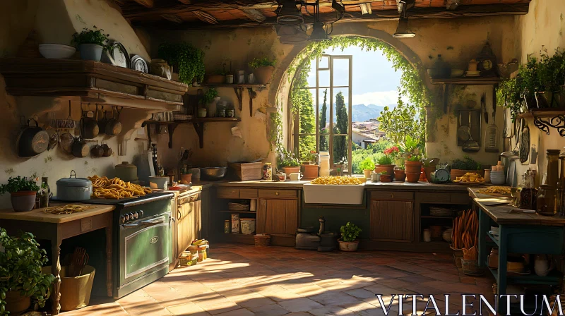 AI ART Sun-Drenched Rustic Kitchen Interior