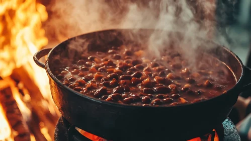 Hearty Bean Stew Cooking Over Fire