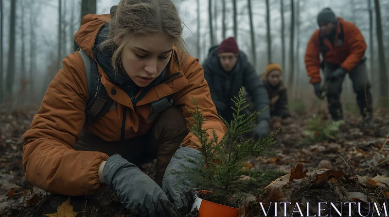 Volunteers Planting Saplings in Autumn Forest AI Image